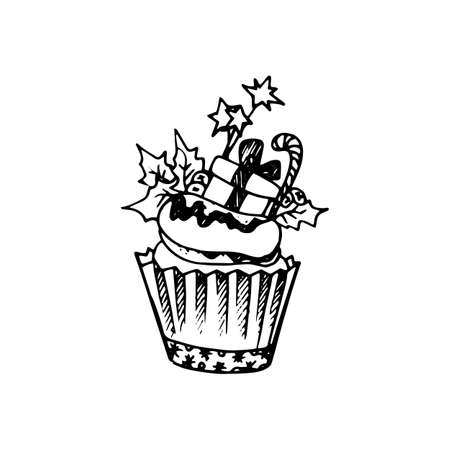 Illustration of Artistic Doodle Icon. Cupcake. New Year Vintage Design for Christmas Card or Invitation on Whiteのイラスト素材