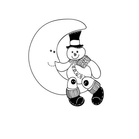 Illustration of Artistic Christmas Doodle Icon. Funny Snowman on the Moon. New Year Vintage Design for Christmas Card or Invitation on White Backgroundのイラスト素材