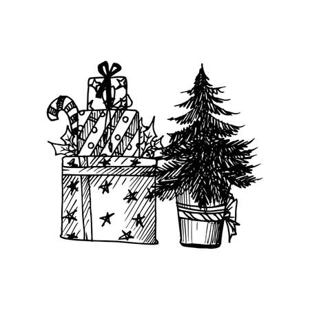 Graphical sketch of Christmas Tree and gifts.のイラスト素材