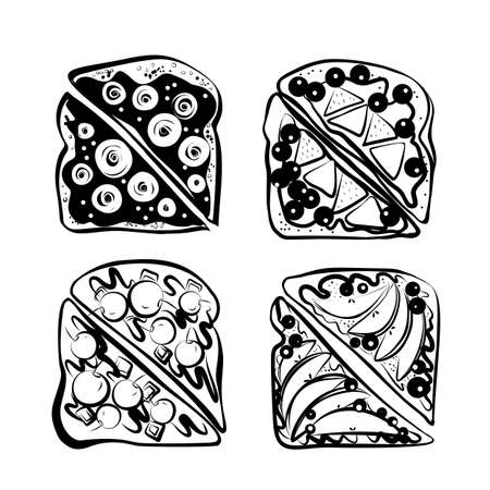 Tasty Fruit Pie Icons Set with Cream and Berries. Traditional Homemade Deserts. Isolated on White Background.のイラスト素材