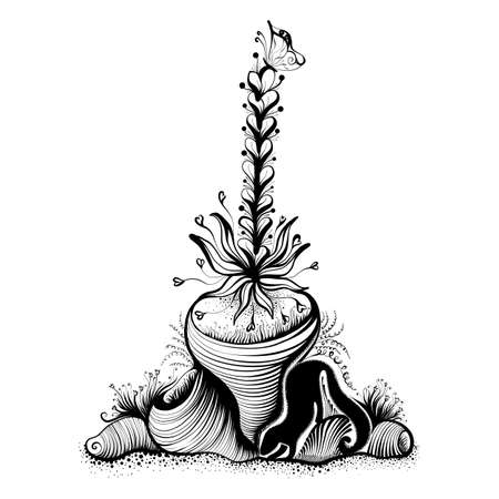 Doodle Fantasy Hand Drawn Abstract Flower with Butterfly. Adult Anti Stress Coloring Page. Sketch for Tattoo, Poster, Printのイラスト素材