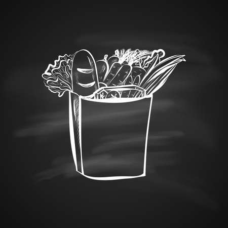 Sketch Illustration of Paper Shopping Bag with Food. Hand Drawn Icon on Blackboardのイラスト素材