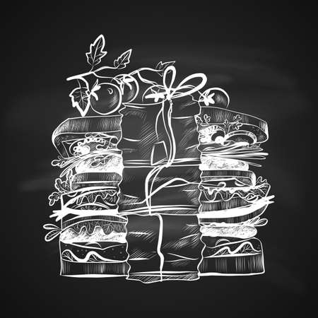 Sketch Illustration of Sandwiches and Cherry Tomatoes. Hand Drawn Icon on Blackboardのイラスト素材