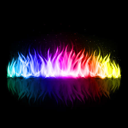 Wall of abstract rainbow fire with weak reflection on black background.のイラスト素材