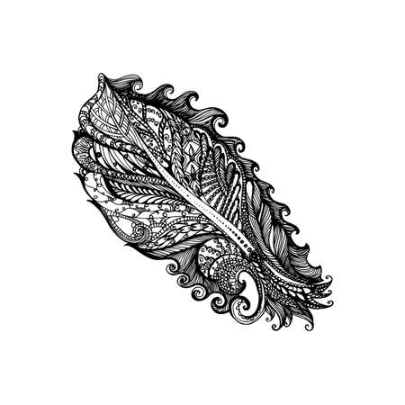 Stylized feather hand drawn ethnic ornamental patterned feather in doodle, style. Coloring book page for adults, design for relax and meditation.のイラスト素材