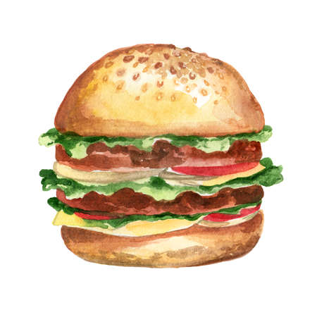 Watercolor Illustration of Hand-drawn Tasty Burger with Tomatoes, Cheese, Meat, Salad, Ketchup and Mustardの写真素材