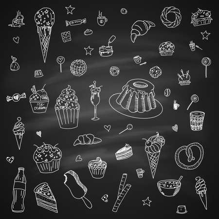 Collection of Hand Drawn Outline Desserts Meals Including Ice Cream, Cake, Candy, Lemonade, Donuts Isolated on Chalkboardのイラスト素材