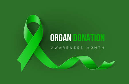 Banner with Organ Transplant and Organ Donation Awareness Realistic Green Ribbon. Design Template for Info-graphics or Websites Magazines on Green Backgroundのイラスト素材