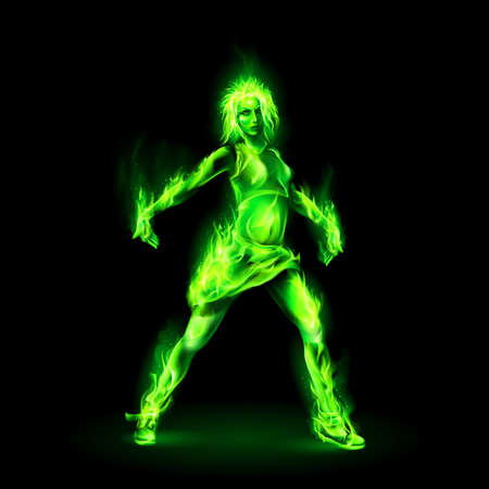Dancing Girl Made of Green Fire on Black Backgroundのイラスト素材