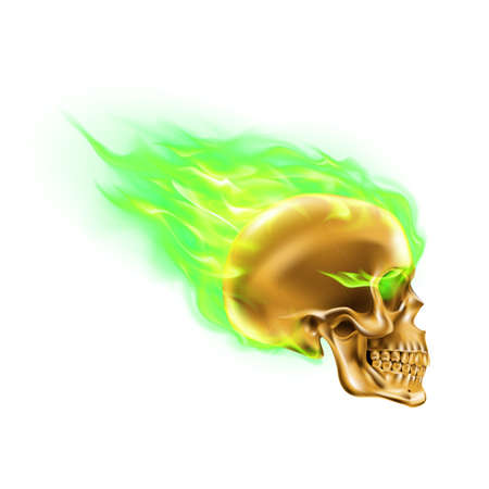 Golden Skull on Green Fire with Flames. Illustration of Speeding Flaming Skull from the Side on White Backgroundのイラスト素材
