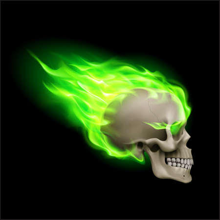 Skull on Green Fire with Flames. Illustration of Speeding Flaming Skull from the Side on Blackのイラスト素材