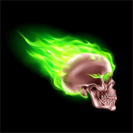Copper Skull on Green Fire with Flames. Illustration of Speeding Flaming Skull from the Side on Black Backgroundのイラスト素材