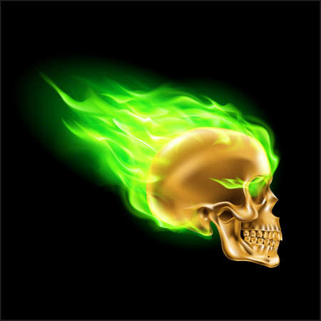 Golden Skull on Green Fire with Flames. Illustration of Speeding Flaming Skull from the Side on Black Backgroundのイラスト素材