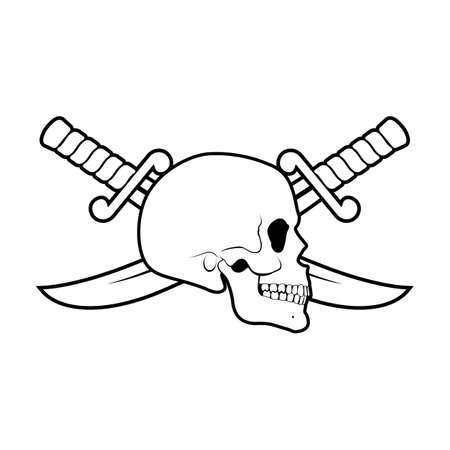 Skull Side View with Crossed Sabers Behind it. Black-and white Illustration of Pirate Symbolのイラスト素材