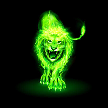 Abstract Illustration of Infuriated Lion with Green Fire Flames Fur on Black Backgroundのイラスト素材