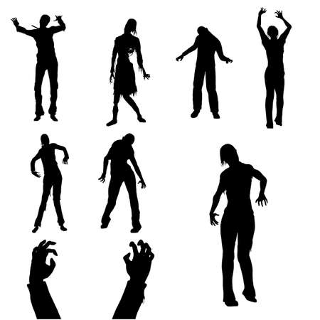 Set of Zombie Male and Female Black Silhouette. Isolated on White Backgroundのイラスト素材