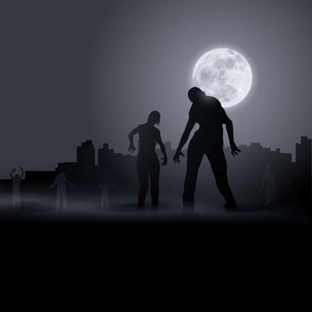 Zombie Walking out From Abandoned City at Night. Silhouettes Illustration for Halloween Creative Posterのイラスト素材