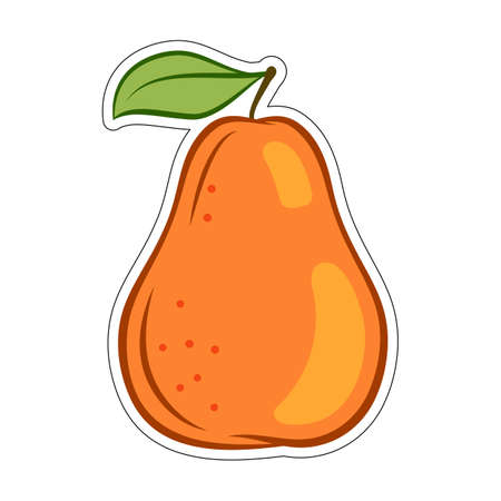 Illustration of Orange Juicy Stylized Pear with Leaf. Icon for Food Apps and Stickers Isolated on a White Backgroundのイラスト素材