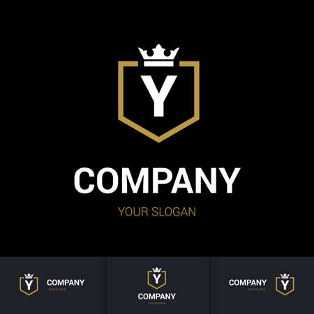 Illustration of Shield Badge-Shape with letter Y in the Middle and Luxury Crown. Logo Icon Template for Web and Business Card, Letter Logo Template on Black Backgroundのイラスト素材