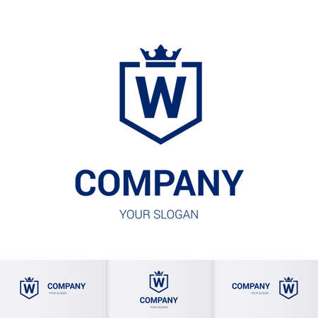 Illustration of Shield Badge-Shape with letter W in the Middle and Luxury Crown. Logo Icon Template for Web and Business Card, Letter Logo Template on White Backgroundのイラスト素材