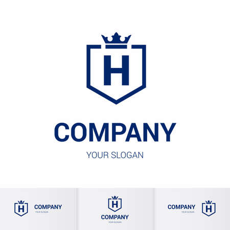 Illustration of Shield Badge-Shape with letter H in the Middle and Luxury Crown. Logo Icon Template for Web and Business Card, Letter Logo Template on White Backgroundのイラスト素材