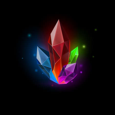 Magic Crystal in Rainbow Color with Sparkle. Decoration icon for Games. Cartoon crystals Illustration. Stone Energy on Black Backgroundのイラスト素材