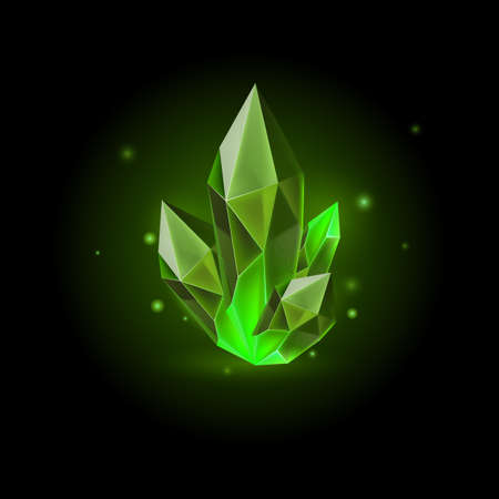 Magic Green Crystal with Sparkle. Decoration icon for Games. Cartoon crystals Illustration. Stone Healing Energy on Black Backgroundのイラスト素材