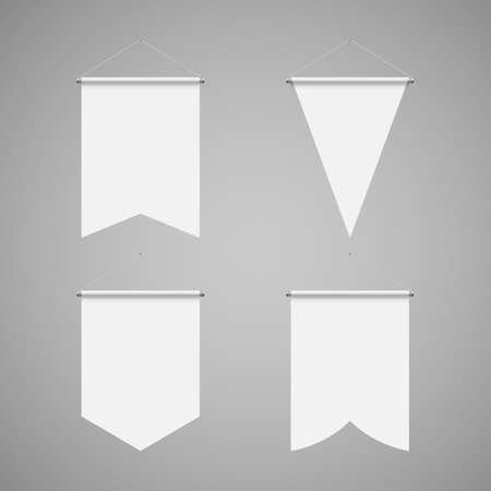 Empty Template of Vertical White Blank Pennant Set on Gray Background. Illustration of Sport Flags Symbol Mockupのイラスト素材