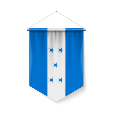 Vertical Pennant Flag of Honduras as Icon on White with Shadow Effects. Patriotic Sign in Official Color and Flower Honduran Flag with Metallic Poles Hanging on the Ropeのイラスト素材