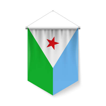 Vertical Pennant Flag of Djibouti as Icon on White with Shadow Effects. Patriotic Sign in Official Color and Flower Djiboutian Flag with Metallic Poles Hanging on the Ropeのイラスト素材