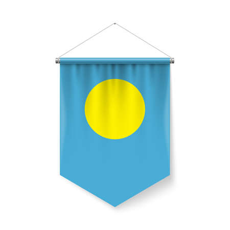 Vertical Pennant Flag of Palau as Icon on White with Shadow Effects. Patriotic Sign in Official Color and Flower Palauan Flag with Metallic Poles Hanging on the Ropeのイラスト素材