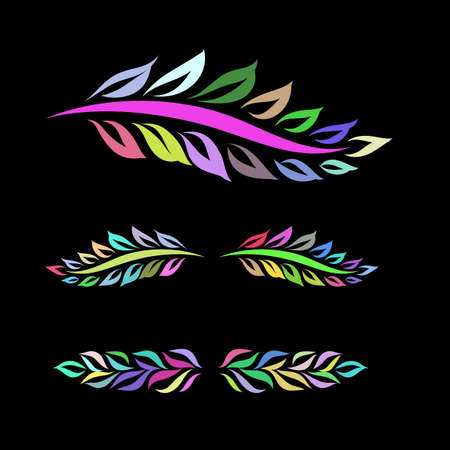 Elegant Decorative Colored Laurel Set. Hand Drawn Floral Sketch Leaves Ornaments on Black Backgroundのイラスト素材