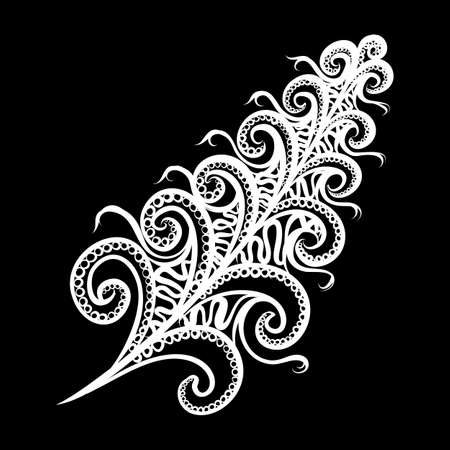 Beautiful Hand Drawn Sketch of Feather in Monochrome Decorative Feather. Floral Motifs, Indian, Turkish Design Element on Black Backgroundのイラスト素材