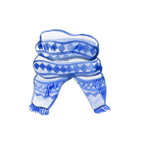 Christmas Watercolor Illustration. Hand Drawing Blue Scarf. Template for Christmas Winter Theme Designの写真素材