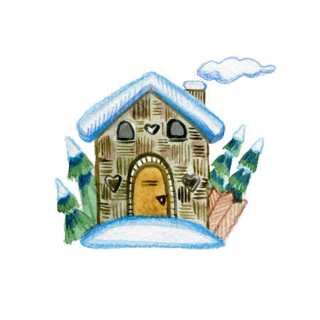 Winter Landscape. Cartoon Country House, Wooden Fence, Snowy Garden, Smoke from the Chimney, Snowdrift Watercolor Illustrationの写真素材