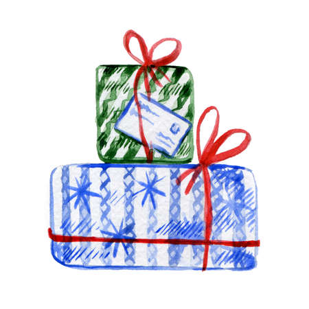 Christmas Gift Boxes with Tag, Red Ribbons. Marker Drawing, Watercolor Painting. New Year Hand Drawn Illustration. Holiday Background. Greeting Card. Doodle Drawingの写真素材