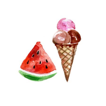Tasty Piece of Watermelon and Ice cream. Aquarelle Sweet Dessert Illustration Set. Watercolor Drawing Fashion Background. Isolated Desserts Illustration Elementの写真素材