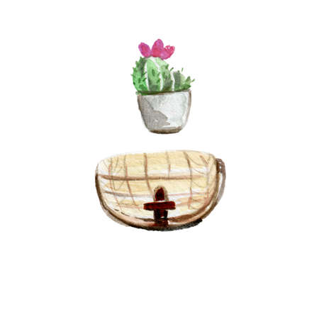 Watercolor Illustration of Cactus in Flower Pot and Fashionable Clutch Bag. Isolated Symbols on White Backgroundの写真素材