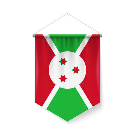 Vertical Pennant Flag of Burundi as Icon on White with Shadow Effects. Patriotic Sign in Official Color and Flower, Burundian Flag with Metallic Poles Hanging on the Ropeのイラスト素材