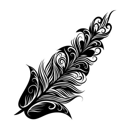 Beautiful Hand Drawn Feather Doodle, Curly Boho Sketch Isolated on White Background. Vintage Black Featherのイラスト素材