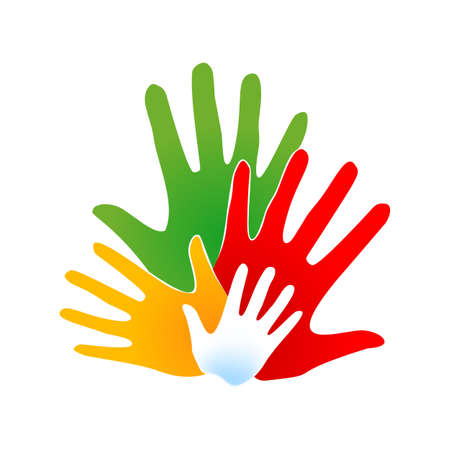 Human hands, Open Palms. International Community Concept Logotype Template. Friendship of Peoples from Multi-colored Hands on a white Backgroundのイラスト素材