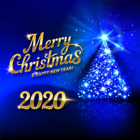 Festive Card with Bright Shining Lights of the Christmas Tree and the Inscription Golden Calligraphic Lettering Merry Christmas and Happy New Year Twenty Twenty on a Dark Blue Backgroundのイラスト素材