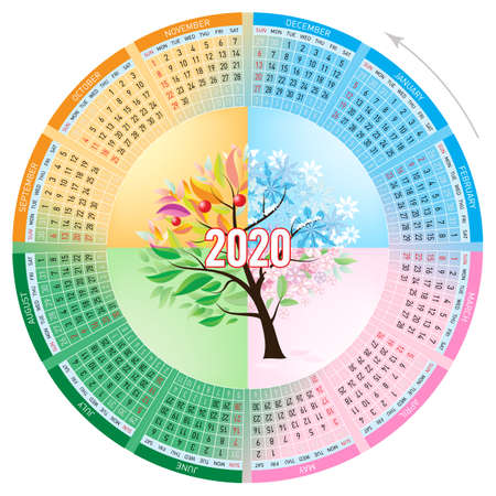 Four Season Circle Calendar Template. Spring, Summer Autumn and Winter. Collage Tree with Green, Orange, Yellow and Brown Leaves, Flower and Bare Branches with Snowflakesのイラスト素材