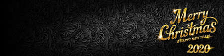 Merry Christmas Golden Text Calligraphic Lettering Design Card Template. Calligraphy Font Style Banner on Seamless Abstract Black Floral Vine Patternのイラスト素材