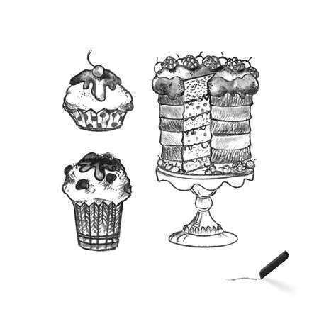 Cake Silhouette Black and White Illustration. Different Cakes Arranged in Set and Collection. Delicious and Sweet Food for Celebrations Outline Sketch on White Backgroundのイラスト素材