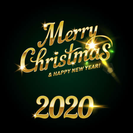 Merry Christmas Golden Text Calligraphic Lettering for Invitation and Greeting Card. Design Card Template. Calligraphy Font style Banner on Dark Green Backgroundのイラスト素材