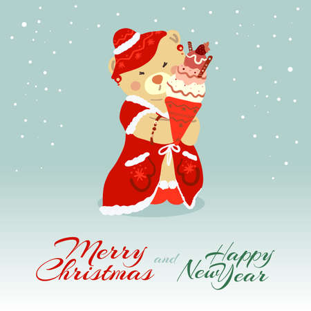 Cute Female Bear wishing Merry Christmas and Happy New Year. Cartoon Character Holding Ice Cream in Christmas Costume. Concept Illustration for Greeting Cards or Festive Bannerのイラスト素材