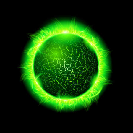 Illustration of a Green Fiery Ball of a Burning Star, Solar Disk. Solar Flare Burning Around Astrological Celestial At Galaxy Concept Illustration on Black Backgroundのイラスト素材