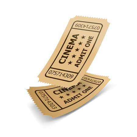Falling Two Vintage Retro Cinema Tickets Made of Yellow Textured Paper on White Background with Shadows. Vintage Retro Cinema Creative Conceptのイラスト素材