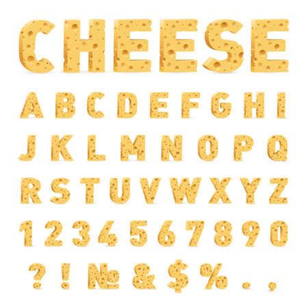 Font from Cheese. Cheese in the Form of Letters, Numbers, and Symbols. Illustration of Stylized Cute Alphabet Cartoon Cheese Letters to Make Your Text on White Backgroundのイラスト素材
